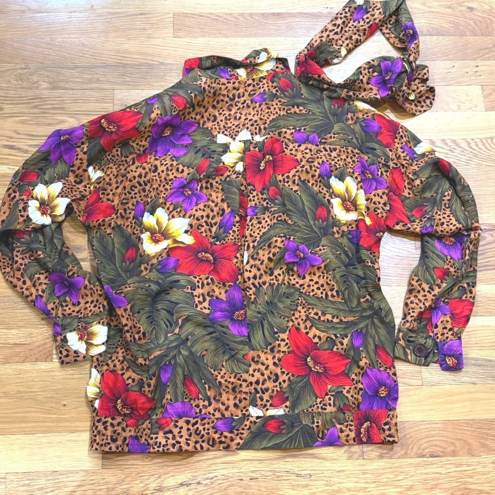 SK & Company Vintage‎ Leopard Floral Rayon Tie Neck Button Up Jacket Womens 10